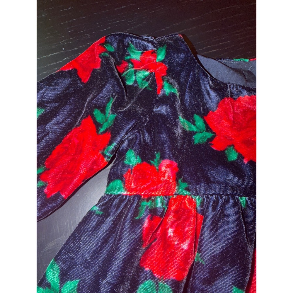 Janie and Jack Dress Navy Red Rose Velvet Tiered Floral Long Sleeve 3 - Picture 2 of 5